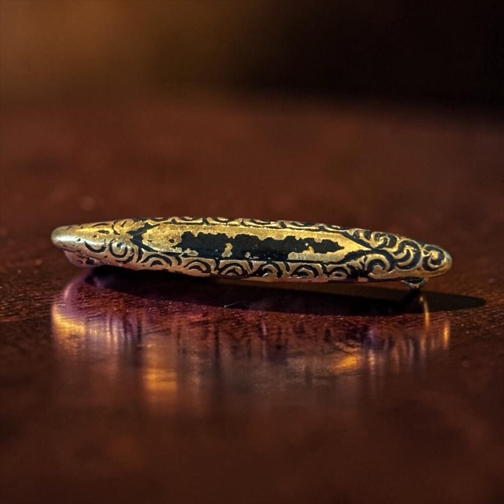 Antique Tiny Black Enamel Gold Bar Brooch Edwardian Mourning Pin